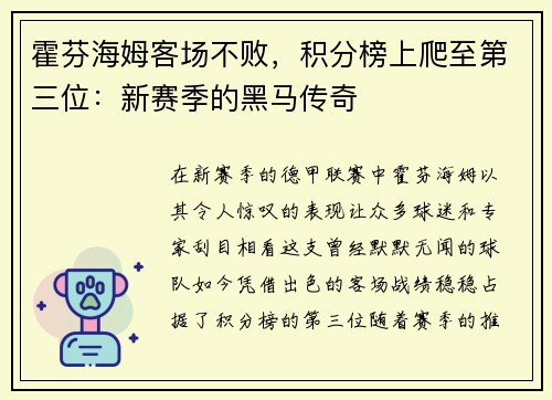 霍芬海姆客场不败，积分榜上爬至第三位：新赛季的黑马传奇